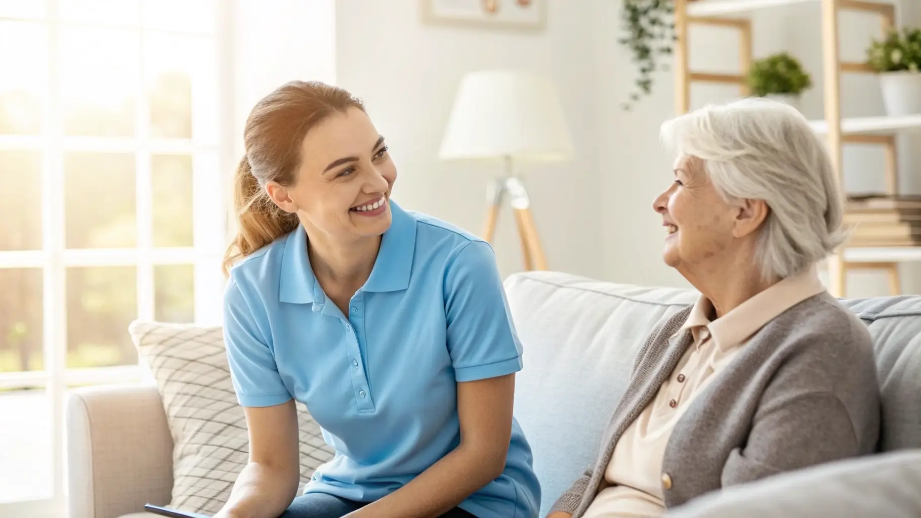 A friendly Vivia Navigator talking to a senior woman in a comfortable living room setting.